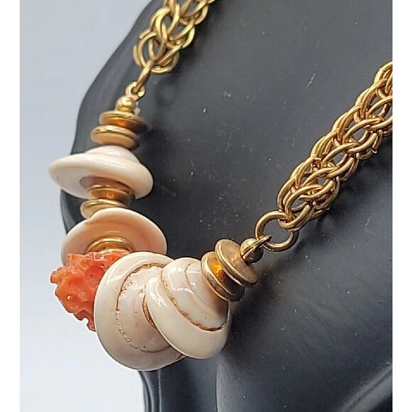 Miriam Haskell Puka Shell Raw Coral Necklace Vintage 15" Gold Tone Wheat Chain - Picture 10 of 16